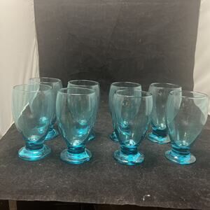 Vintage Cristar Set 8 Footed Water Goblets Glasses Aqua Turquoise Sky Blue Mcm